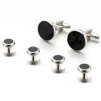 Brass Cufflinks, with Black Agate, silver color plated, for man, 17mm, 10mm 