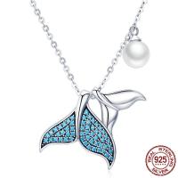 Thailand Sterling Silver Necklace, with Shell Pearl, Mermaid tail, oval chain & micro pave cubic zirconia & for woman Approx 17 Inch 