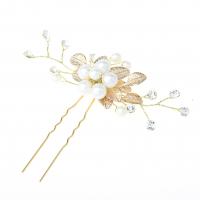 Bridal Hair Pins, Zinc Alloy, with Plastic Pearl, Leaf, gold color plated, for bridal & with rhinestone 