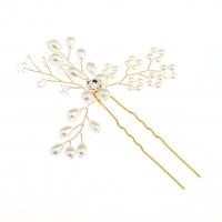 Bridal Hair Pins, Zinc Alloy, with Plastic Pearl, gold color plated, for bridal & with rhinestone 