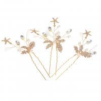Bridal Hair Pins, Zinc Alloy, with Plastic Pearl, Starfish, gold color plated, for bridal & with rhinestone 