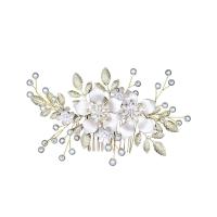 Bridal Decorative Hair Comb, Zinc Alloy, with Plastic Pearl, Flower, gold color plated, for bridal & with rhinestone 