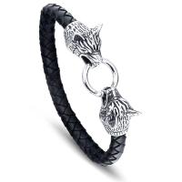 PU Leather Bracelet, with Stainless Steel, Wolf, for man & blacken, black, 8mm Approx 9.2 Inch 