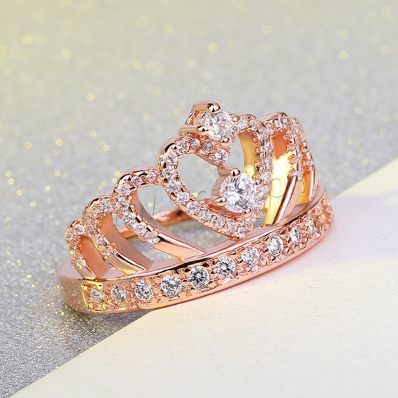 Цирконий Micro Pave Латунь палец кольцо, Корона, плакированный цветом розового золота, разный размер для выбора & инкрустированное микро кубического циркония & Женский, продается PC