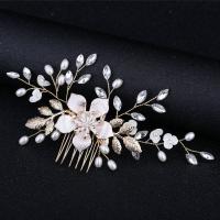 Bridal Decorative Hair Comb, Zinc Alloy, with White Shell & Plastic Pearl, Flower, gold color plated, for bridal & enamel & with rhinestone 