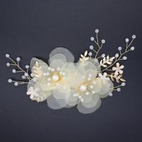 Zinc Alloy Alligator Hair Clip, with Gauze & Crystal & Plastic Pearl, gold color plated, for bridal 