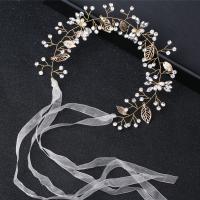Bridal Hair Band, Brass, with Cloth & Plastic Pearl, gold color plated, for bridal & with rhinestone 