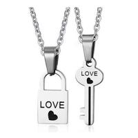 Couple Stainless Steel Necklace, Lock and Key, with letter pattern & enamel, original color  Approx 3-5mm 