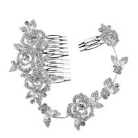 Bridal Decorative Hair Comb, Zinc Alloy, Flower, thick silver plated, for bridal & with rhinestone 