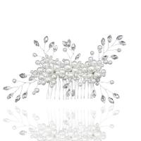 Braut Dekoratives Haarkämmchen, Messing, mit Kunststoff Perlen, silberfarben plattiert, für Braut & mit Strass, 110x90mm, verkauft von PC