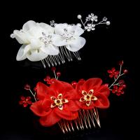 Bridal Decorative Hair Comb, Zinc Alloy, with Cloth & Crystal & Plastic Pearl, Flower, plated, for bridal & with rhinestone 
