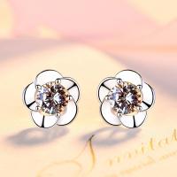 Sterling Silver Stud Earring, Argent sterling 925, fleur, Plaqué de platine, pour femme & émail & avec zircone cubique Vendu par paire