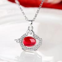 Agate Sterling Silver Pendants, 925 Sterling Silver, with Red Agate, Pig, platinum plated, micro pave rhinestone 