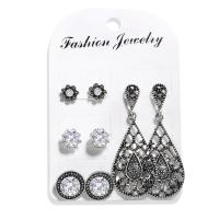 Zinc Alloy Earring Set, silver color plated, for woman & with cubic zirconia & blacken, 7mm, 8mm, 13mm, 45mm 