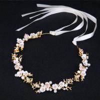 Bridal Hair Band, Zinc Alloy, with Cloth & White Shell & Plastic Pearl, gold color plated, for bridal & with rhinestone, 350mm 