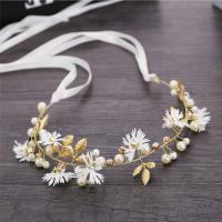 Bridal Hair Band, Cloth, with Plastic Pearl & Zinc Alloy, Daisy, gold color plated, for bridal & with rhinestone 330mm 