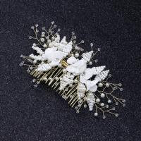 Bridal Decorative Hair Comb, Brass, with Cloth & Crystal & Plastic Pearl, Flower, gold color plated, for bridal 