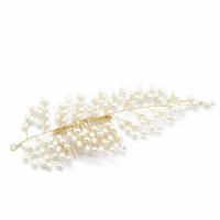 Bridal Decorative Hair Comb, Brass, with Plastic Pearl, Leaf, gold color plated, for bridal 