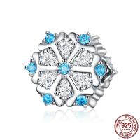 Cubic Zirconia Sterling Silver European Beads, 925 Sterling Silver, Snowflake, platinum plated, micro pave cubic zirconia & without troll, blue Approx 4.5-5mm 