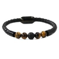 Gemstone Bracelets, with PU Leather Cord & Stainless Steel, plumbum black color plated & Unisex, 8mm Approx 7.1-7.8 Inch 