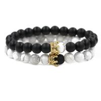 Black Stone Bracelet, with Elastic Thread & Natural White Turquoise & Brass, Crown, gold color plated, Unisex & micro pave cubic zirconia, 8mm Approx 7.1-7.8 Inch 