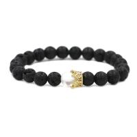 Lava Bead Bracelet, with Elastic Thread & Black Stone & Sea Opal & Brass, Crown, gold color plated & Unisex & micro pave cubic zirconia, 8mm Approx 7.1-7.8 Inch 