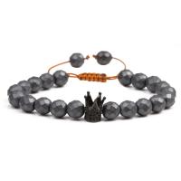 Magnetic Hematite Woven Ball Bracelets, with Nylon Cord & Brass, Crown, plated, Unisex & adjustable & micro pave cubic zirconia 8mm Approx 7.1-7.8 Inch 