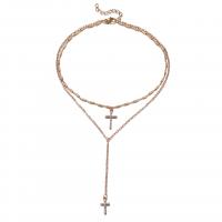 Zinc Alloy Choker Necklace, with 2inch extender chain, Cross, plated, Double Layer & oval chain & bar chain & for woman & with rhinestone 70mm Approx 12.5 Inch 