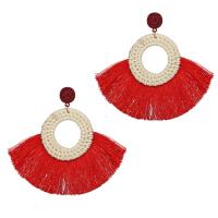 Wood Tassel Earring, with Cotton Thread & Zinc Alloy, gold color plated, for woman 