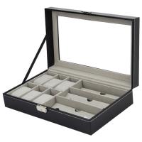 Leather Watch Box, PU Leather, with Velveteen & Glass & Wood & Zinc Alloy, Rectangle, black 