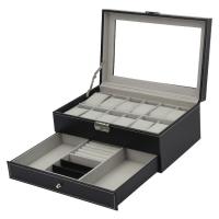 Leather Watch Box, PU Leather, with Velveteen & Glass & Wood & Zinc Alloy, Rectangle, black 