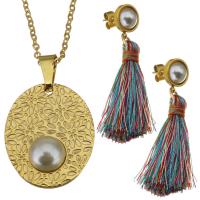 Fashion Stainless Steel Jewelry Sets, earring & necklace, with Cotton Thread & Glass Pearl, gold color plated, oval chain & for woman 2mm Approx 17 Inch 
