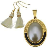 Enamel Stainless Steel Jewelry Sets, pendant & earring, with Cotton Thread & Glass Pearl, gold color plated, for woman 43mm, 23mm Approx 