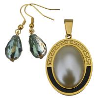 Enamel Stainless Steel Jewelry Sets, pendant & earring, with Crystal & Glass Pearl, gold color plated, for woman & faceted 38mm Approx 