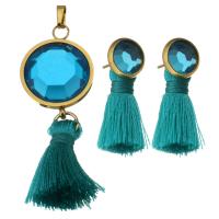 Fashion Stainless Steel Jewelry Sets, pendant & earring, with Cotton Thread & Crystal, Tassel, gold color plated, for woman & faceted  Approx 
