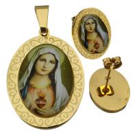 Stainless Steel Saint Jewelry Sets, Stud Earring & pendant, with Paper, Flat Oval, gold color plated, for woman & epoxy gel  Approx 