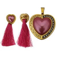 Rhinestone stainless steel Jewelry Set, pendant & earring, with Cotton & Glass Pearl, Heart, gold color plated, for woman & enamel & with rhinestone & hollow  Approx 