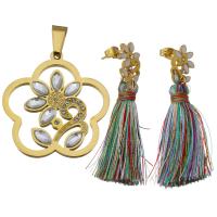 Rhinestone stainless steel Jewelry Set, pendant & earring, with Cotton Thread, Flower, gold color plated, for woman & with rhinestone  Approx 