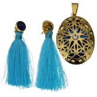 Fashion Stainless Steel Jewelry Sets, pendant & earring, with Cotton Thread, gold color plated, for woman & hollow, blue  Approx 