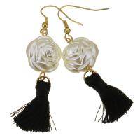 Stainless Steel Tassel Earring, with Cotton Thread & Glass Pearl, Flower, gold color plated, for woman, black, 64mm 
