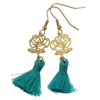 Stainless Steel Tassel Earring, with Cotton Thread, Flower, gold color plated, for woman, green, 56mm 