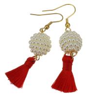 Stainless Steel Tassel Earring, with Cotton Thread & Resin, gold color plated, for woman, red, 58mm 
