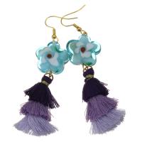 Stainless Steel Tassel Earring, with Cotton Thread & Lampwork, Flower, gold color plated, for woman, purple, 79mm 