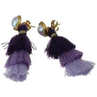 Stainless Steel Tassel Earring, with Cotton Thread & Glass Pearl, gold color plated, for woman, purple 