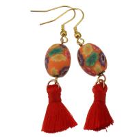 Stainless Steel Tassel Earring, with Cotton Thread & Lampwork, gold color plated, for woman, red, 62mm 