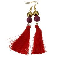 Stainless Steel Tassel Earring, with Cotton Thread & Dyed Jade, gold color plated, for woman, 93mm 