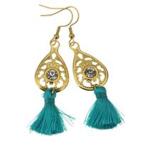 Stainless Steel Tassel Earring, with Cotton Thread, gold color plated, for woman & with rhinestone, green, 64mm 