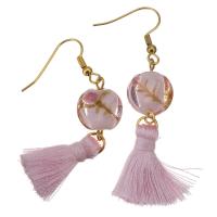 Stainless Steel Tassel Earring, with Cotton Thread & Lampwork, gold color plated, for woman, pink, 58mm 