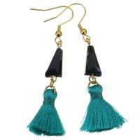 Stainless Steel Tassel Earring, with Cotton Thread & Glass Beads, gold color plated, for woman, green, 67mm 