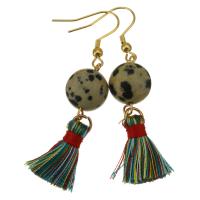 Stainless Steel Tassel Earring, with Cotton Thread & Dalmatian, gold color plated, for woman, 59mm 